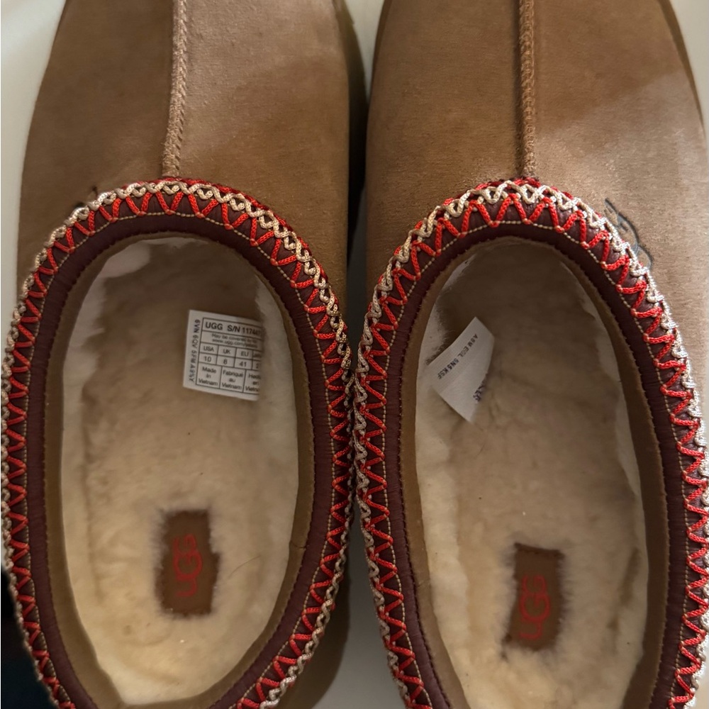 UGG Women's Tan Slippers with Red Trim